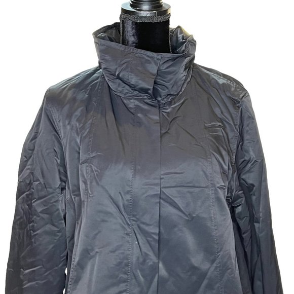 Eileen Fisher Jacket Womens Large Black Fleece Lined Removable Hood High Neck - Picture 2 of 16